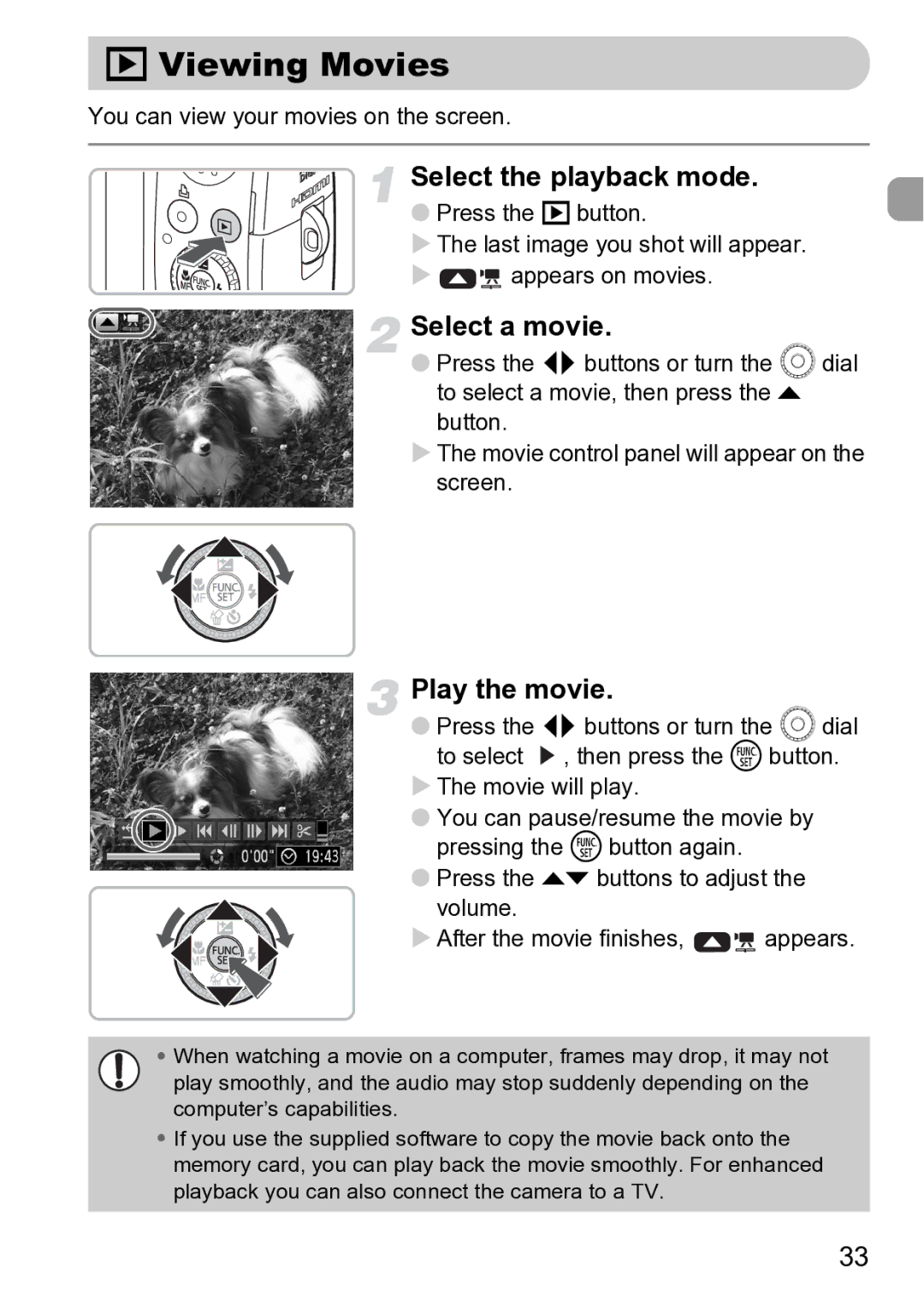 Canon Sx200 Is manual Viewing Movies, Select a movie, Play the movie, You can view your movies on the screen 