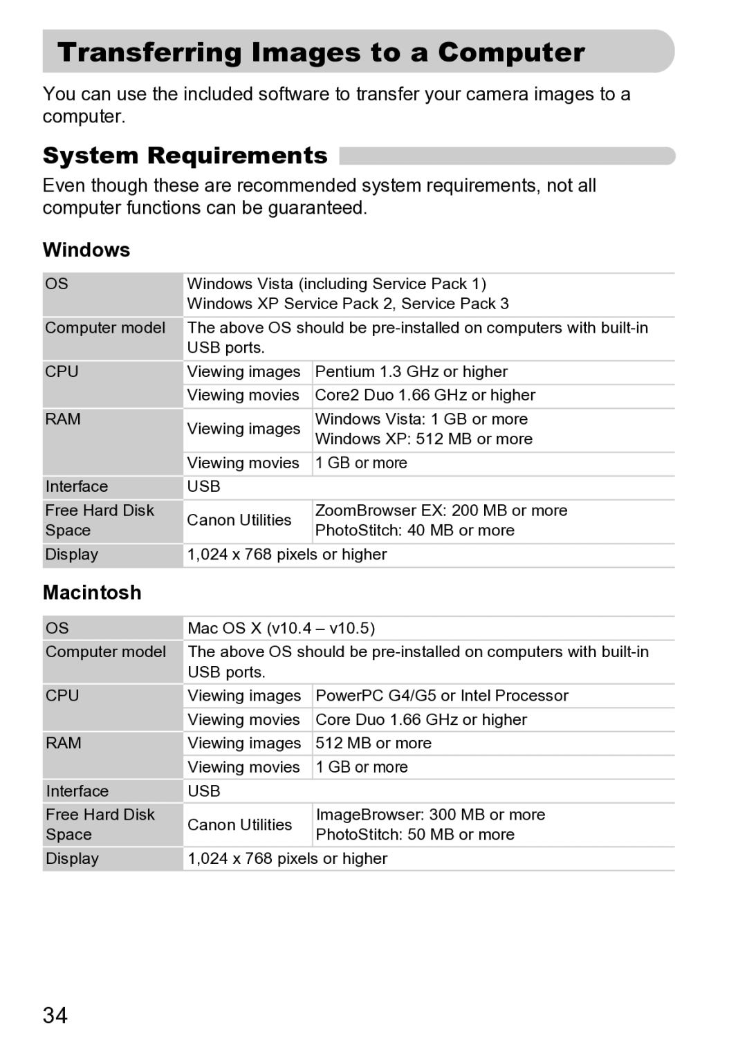 Canon Sx200 Is manual Transferring Images to a Computer, System Requirements, Windows, Macintosh 