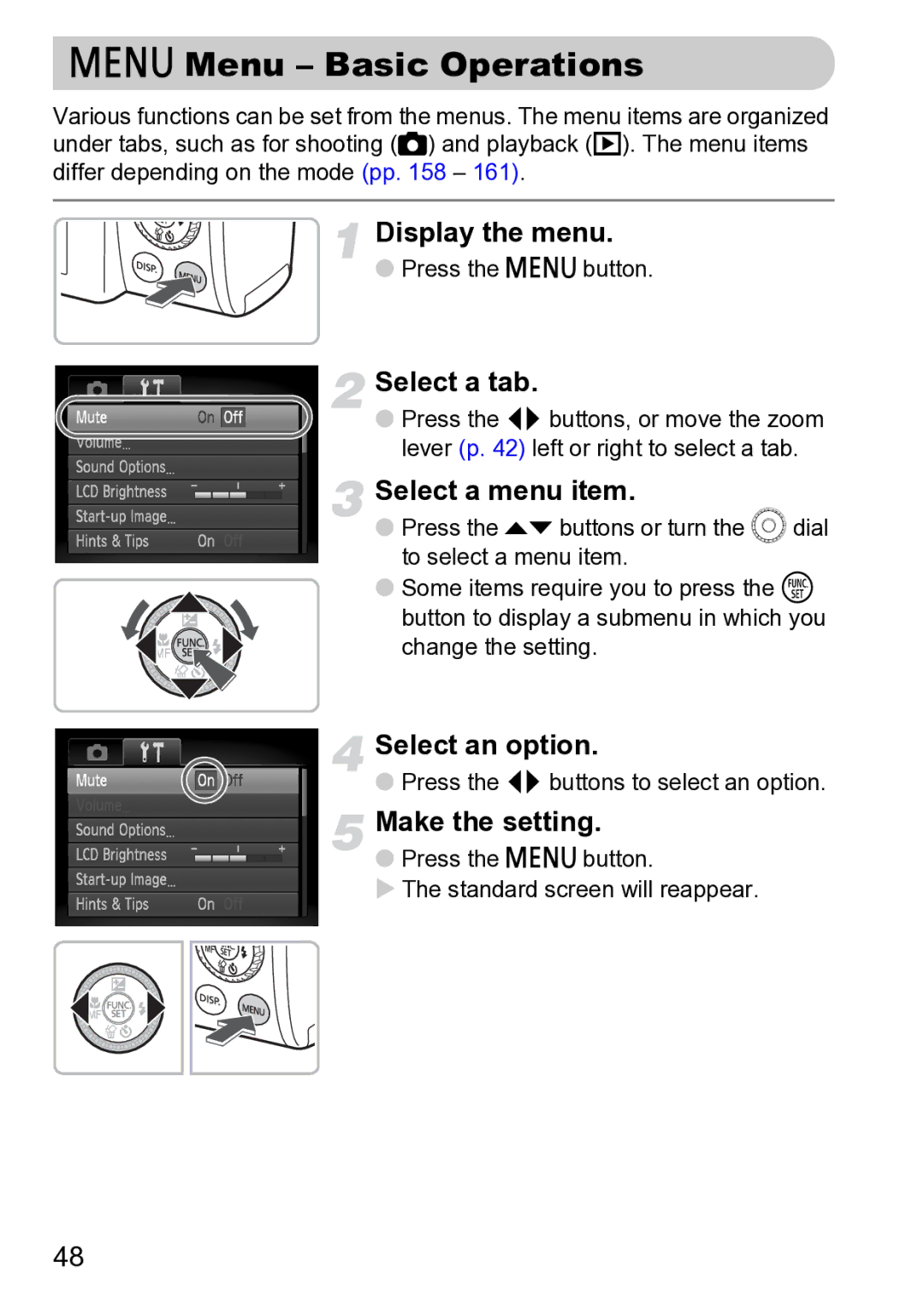 Canon Sx200 Is manual Menu Basic Operations, Select a tab, Press the qr buttons to select an option 