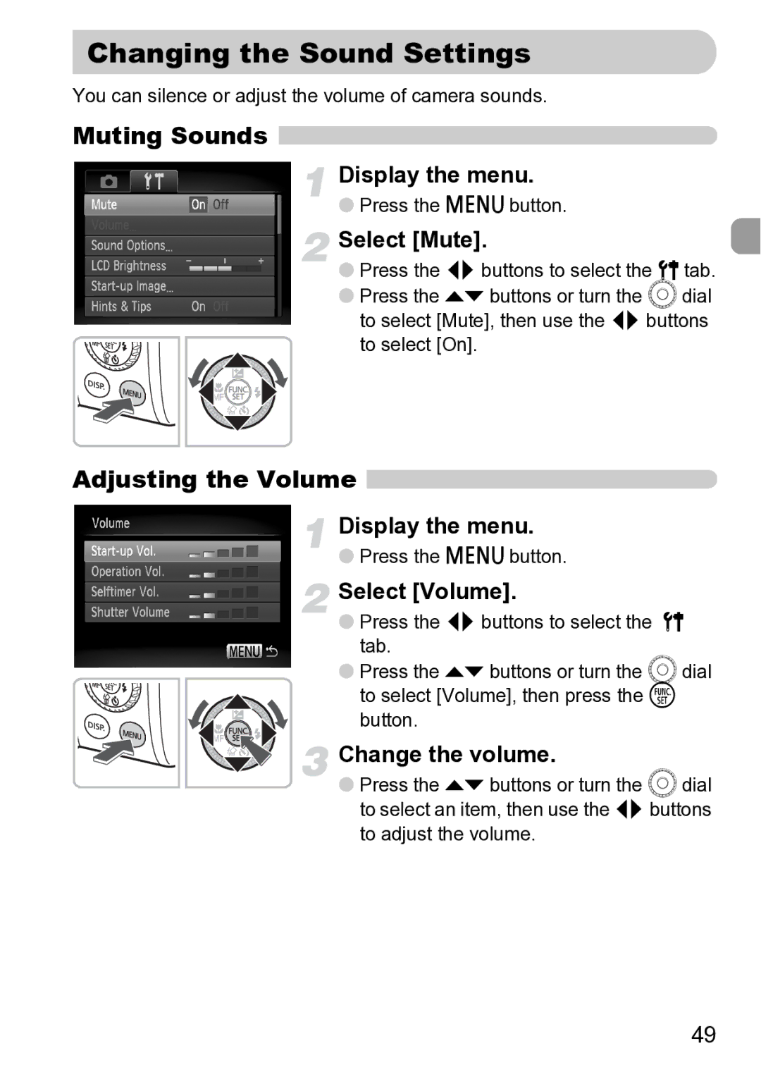 Canon Sx200 Is manual Changing the Sound Settings, Muting Sounds, Adjusting the Volume 