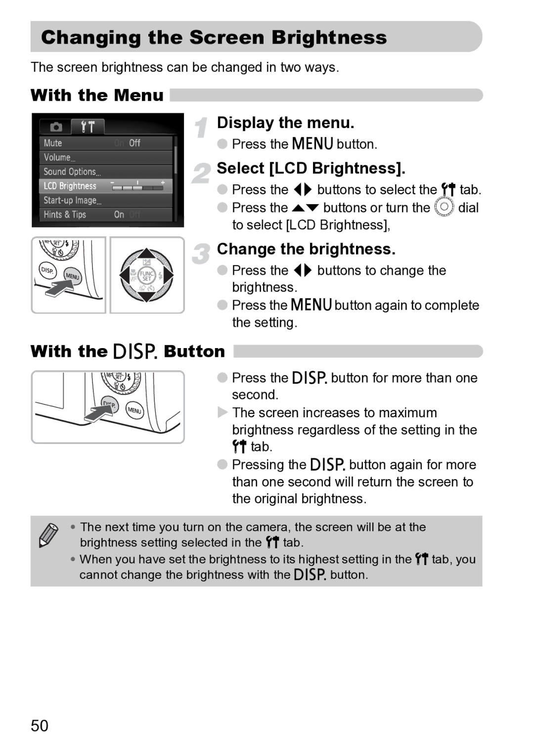 Canon Sx200 Is manual Changing the Screen Brightness, With the Menu, With the l Button, Select LCD Brightness 