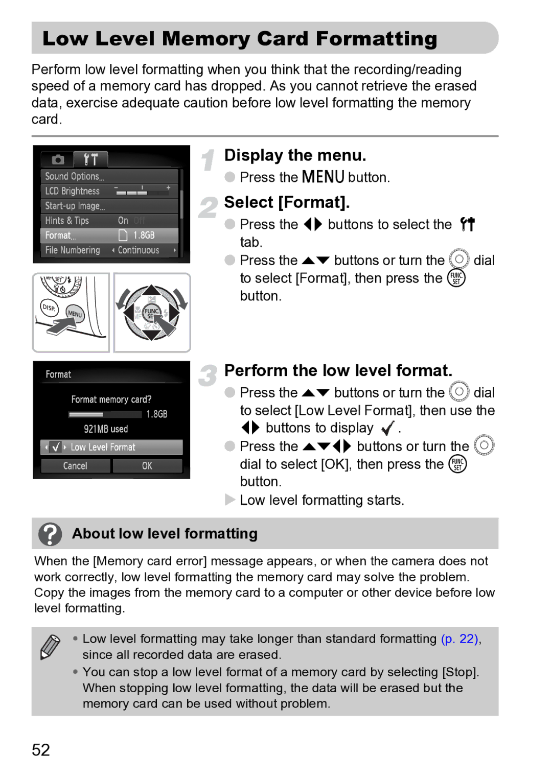 Canon Sx200 Is manual Low Level Memory Card Formatting, Perform the low level format, About low level formatting 