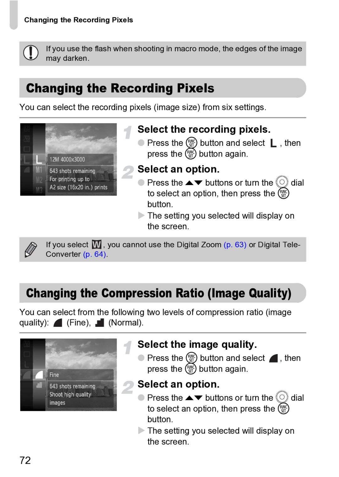 Canon Sx200 Is Changing the Recording Pixels, Changing the Compression Ratio Image Quality, Select the recording pixels 