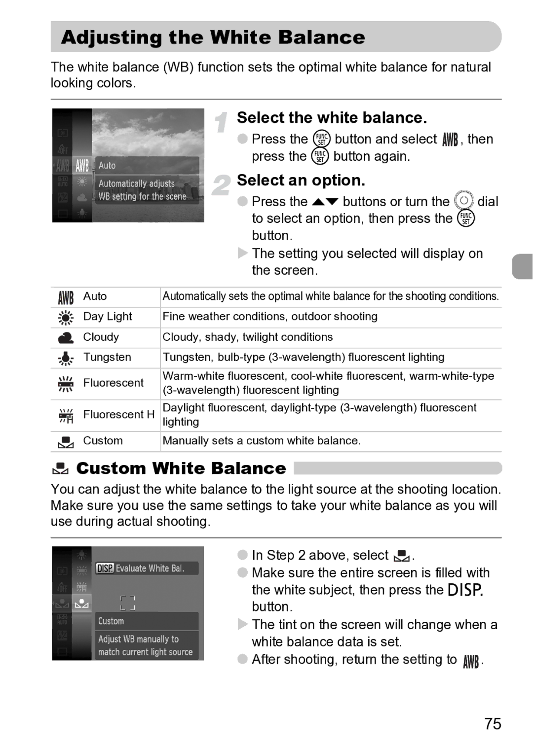 Canon Sx200 Is manual Adjusting the White Balance, Custom White Balance, Select the white balance 