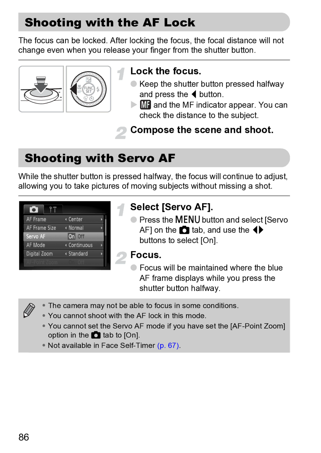 Canon Sx200 Is manual Shooting with the AF Lock, Shooting with Servo AF, Lock the focus, Compose the scene and shoot 