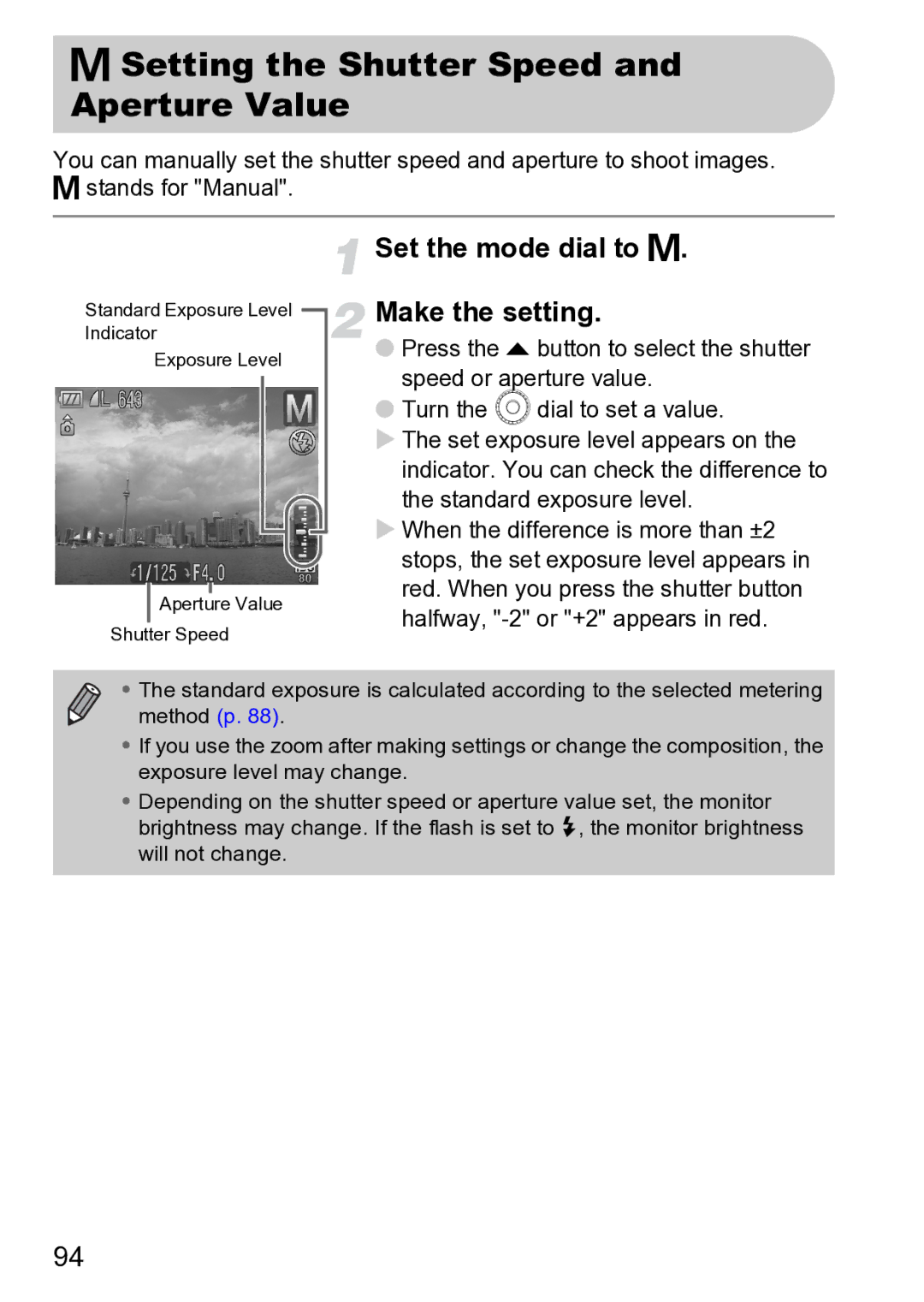 Canon Sx200 Is manual Setting the Shutter Speed and Aperture Value, Set the mode dial to D 