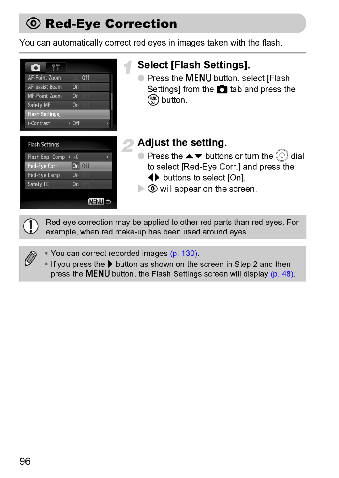 Canon Sx200 Is manual Red-Eye Correction, Select Flash Settings, Adjust the setting 