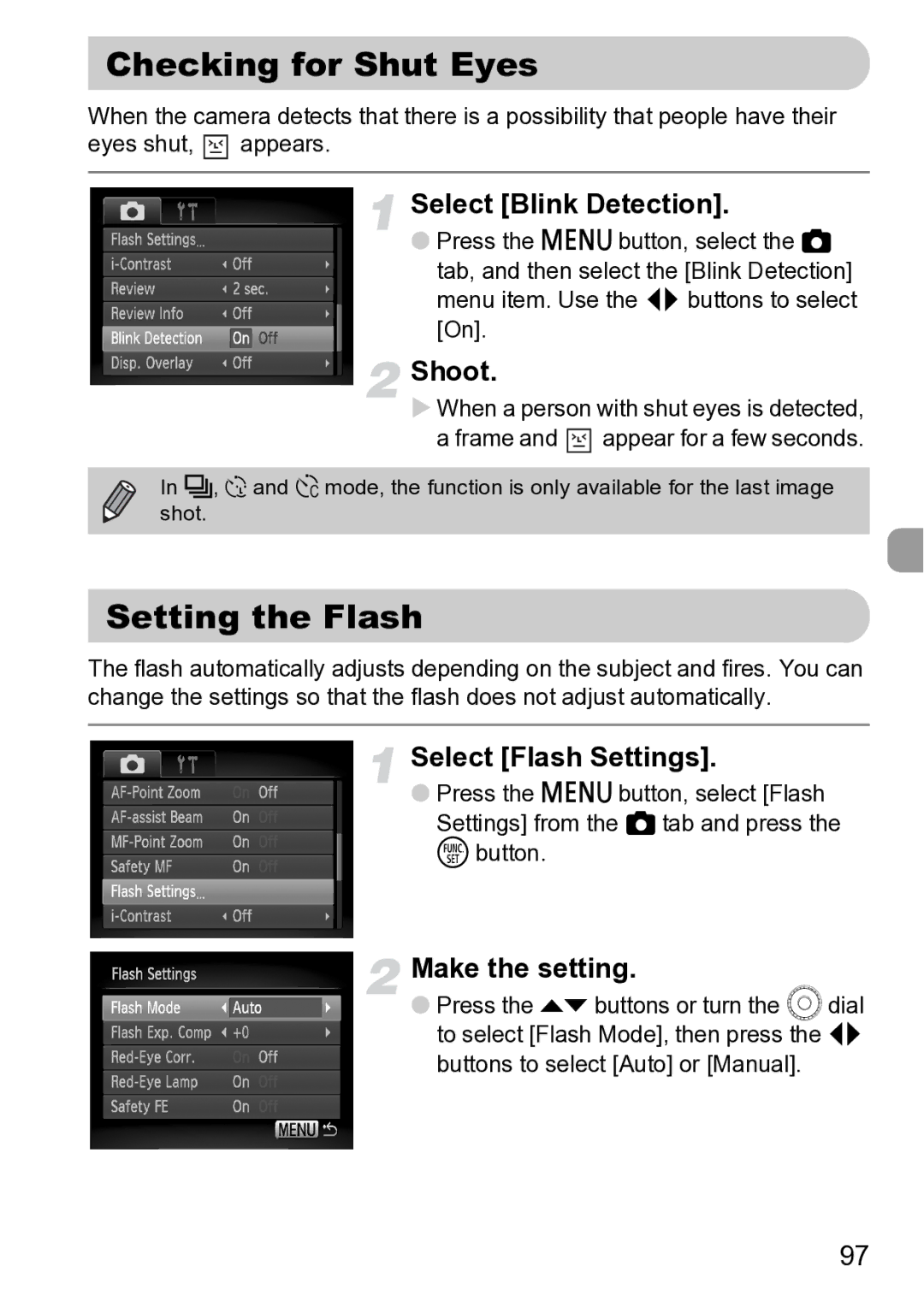 Canon Sx200 Is manual Checking for Shut Eyes, Setting the Flash, Select Blink Detection 