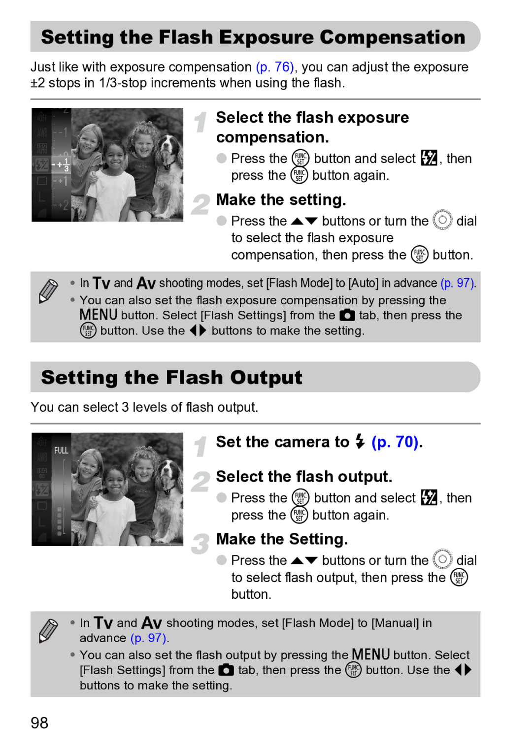 Canon Sx200 Is Setting the Flash Exposure Compensation, Setting the Flash Output, Select the flash exposure compensation 