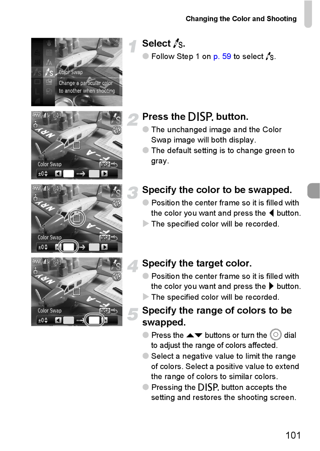 Canon SX200IS manual Select Y, Specify the color to be swapped, Specify the target color, 101 