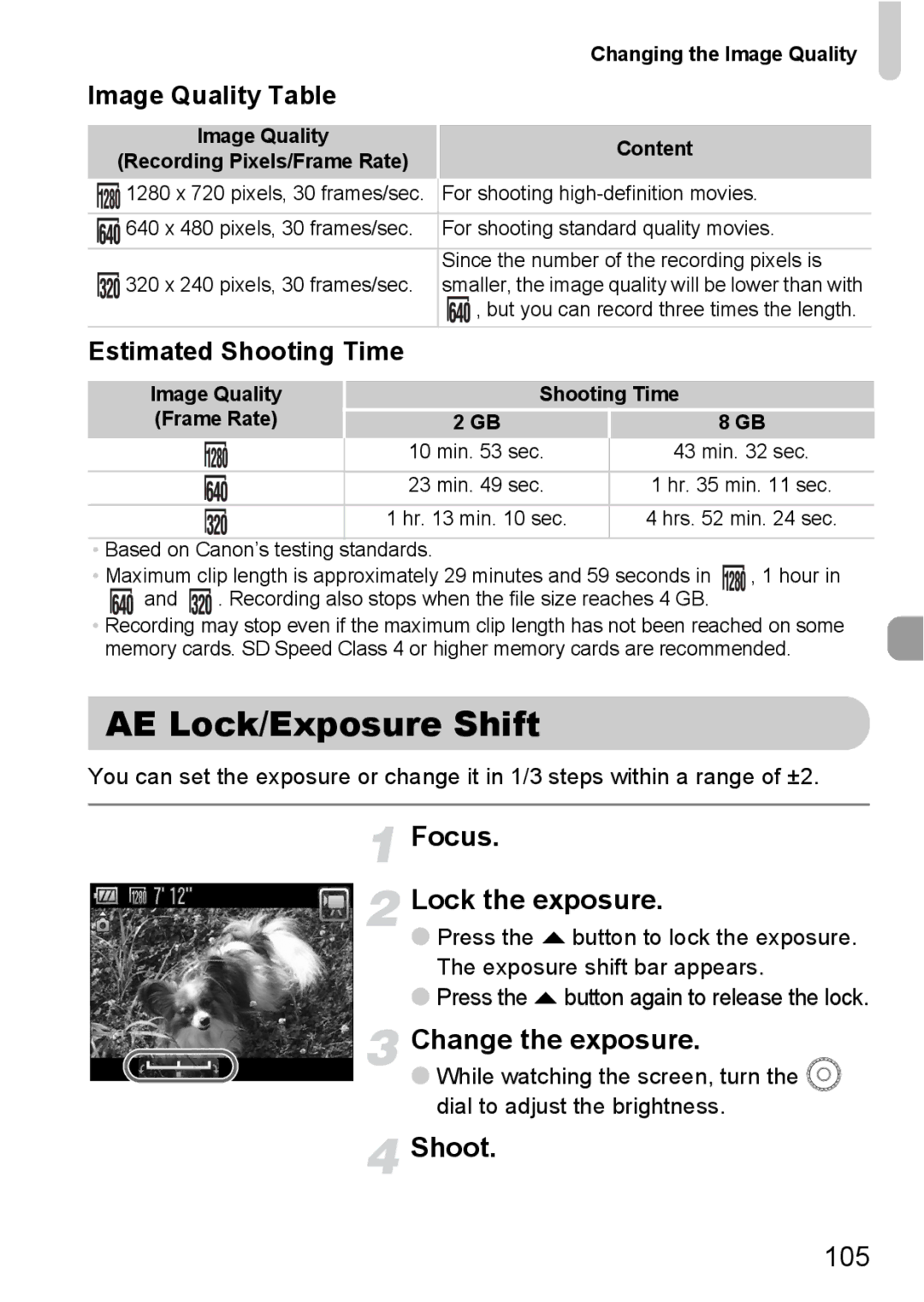 Canon SX200IS manual AE Lock/Exposure Shift, Focus Lock the exposure, Change the exposure, 105 