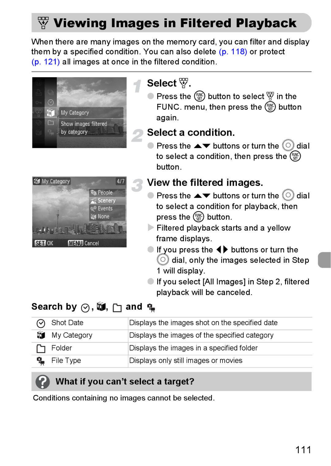 Canon SX200IS manual ‚ Viewing Images in Filtered Playback, Select ‚, Select a condition, View the filtered images, 111 