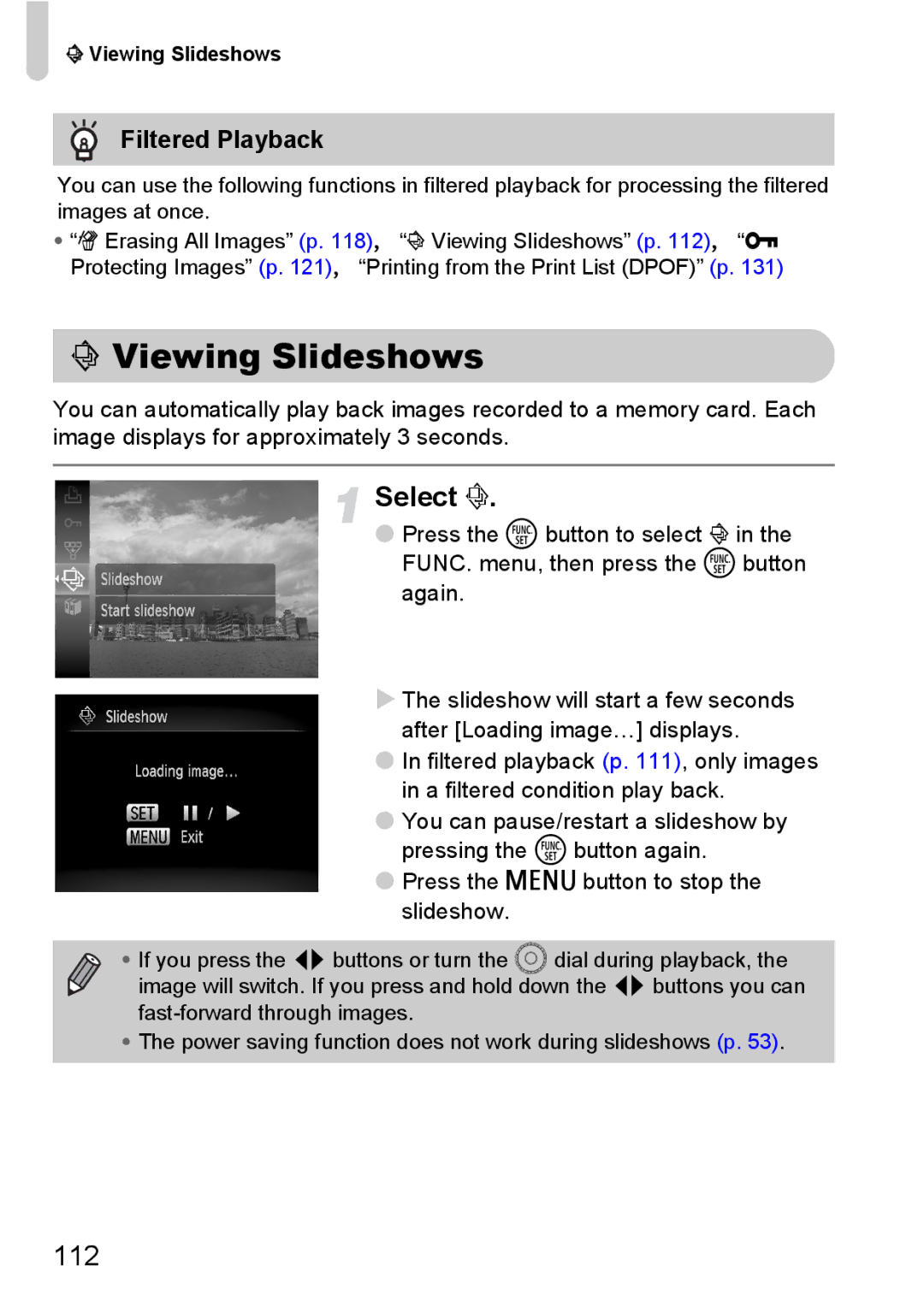 Canon SX200IS manual Viewing Slideshows, 112, Filtered Playback 