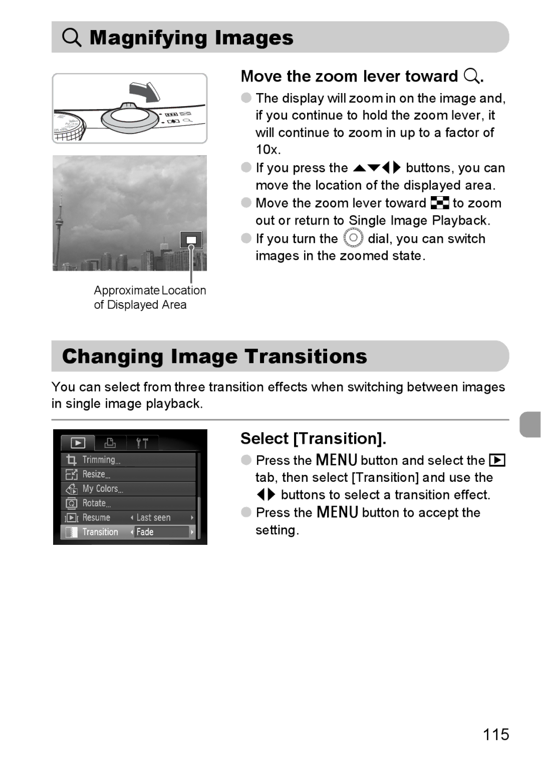 Canon SX200IS manual Magnifying Images, Changing Image Transitions, Move the zoom lever toward k, Select Transition, 115 