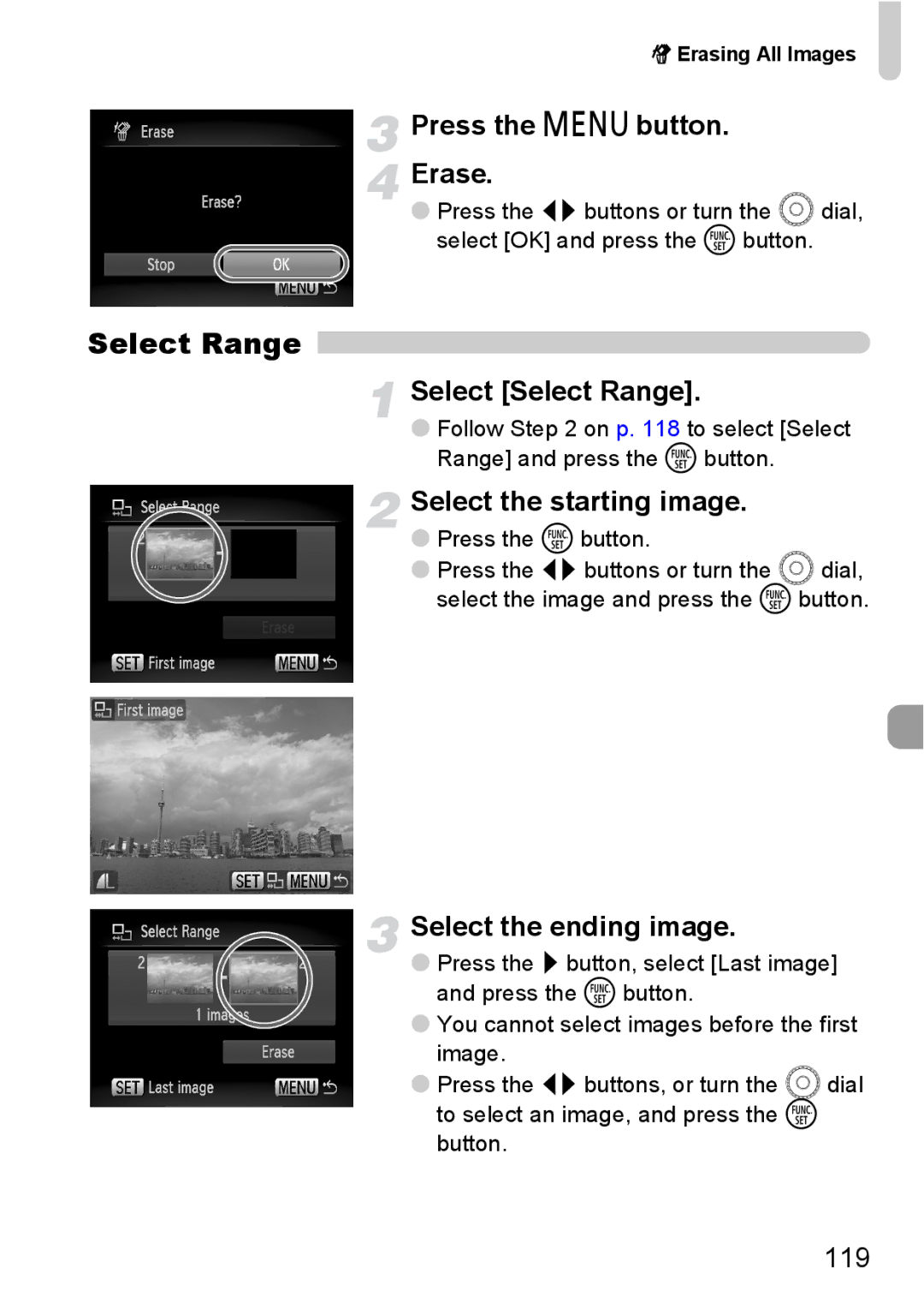 Canon SX200IS manual Press the n button Erase, Select Select Range, Select the starting image, Select the ending image 