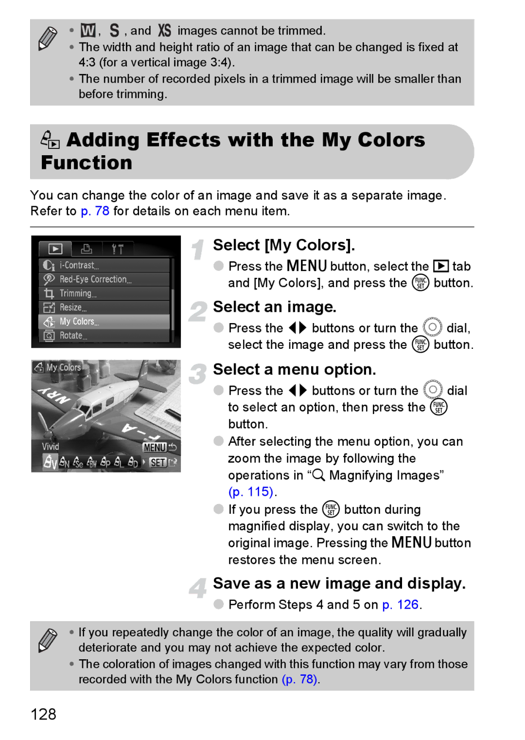 Canon SX200IS manual ? Adding Effects with the My Colors Function, Select a menu option, 128 