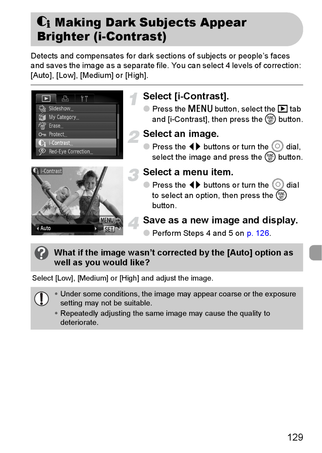 Canon SX200IS manual @ Making Dark Subjects Appear Brighter i-Contrast, 129 