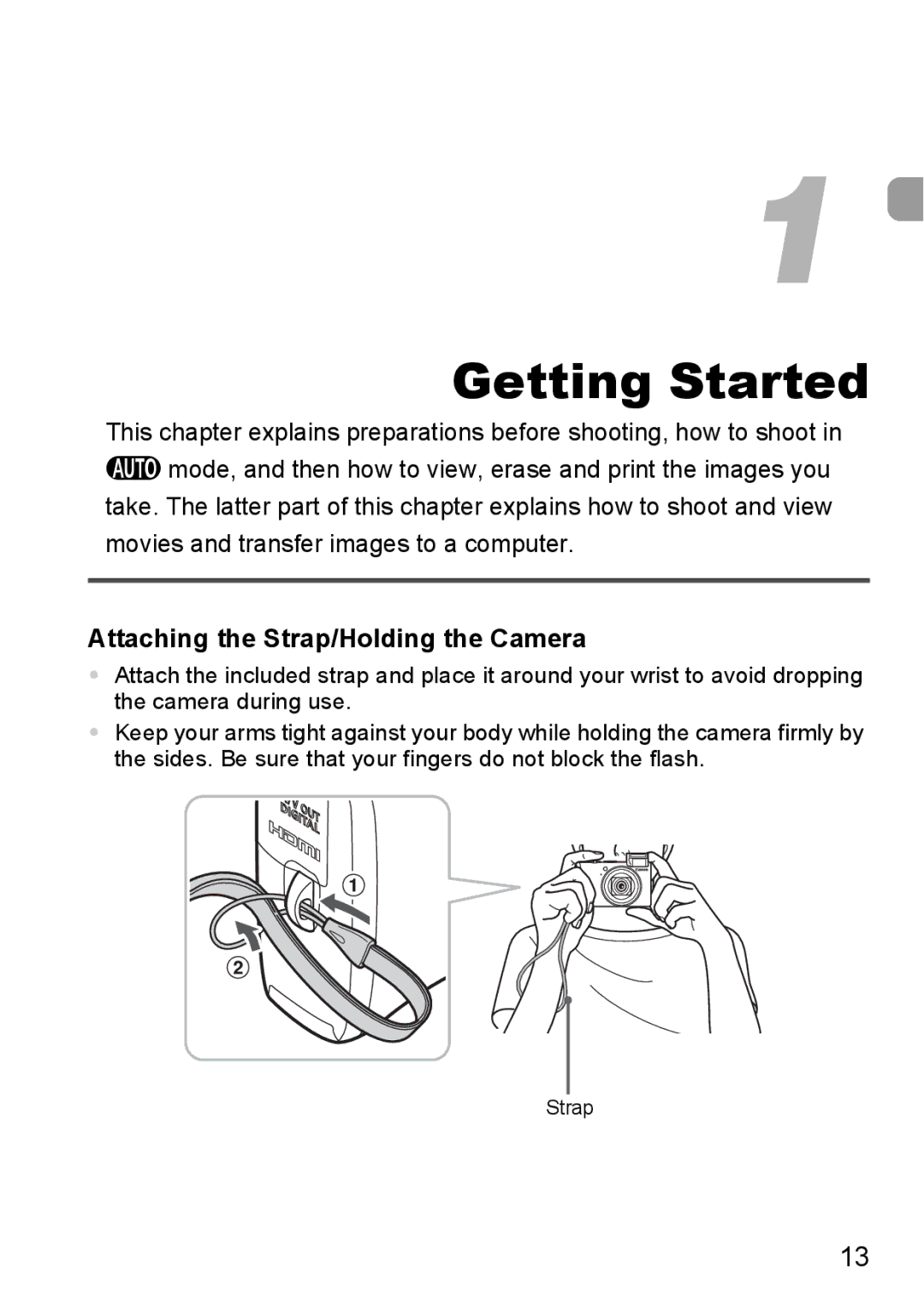 Canon SX200IS manual Getting Started, Attaching the Strap/Holding the Camera 