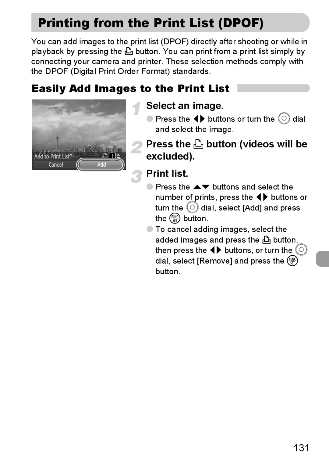 Canon SX200IS manual Printing from the Print List Dpof, Easily Add Images to the Print List, 131 