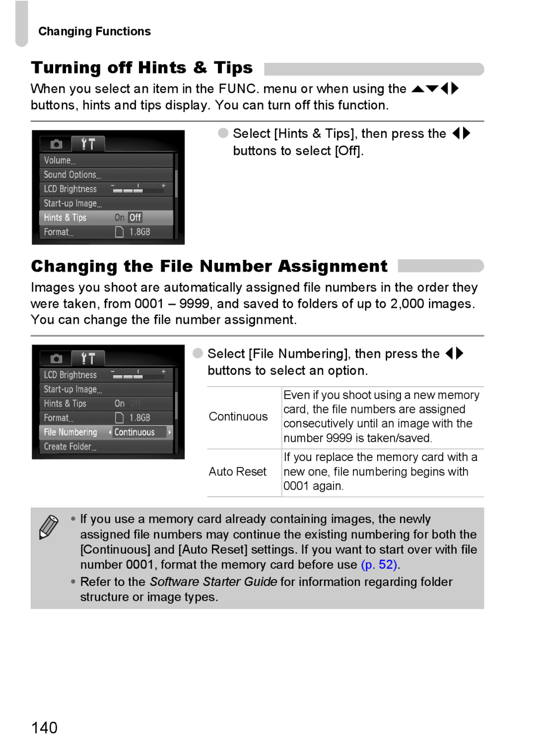 Canon SX200IS manual Turning off Hints & Tips, Changing the File Number Assignment, 140 