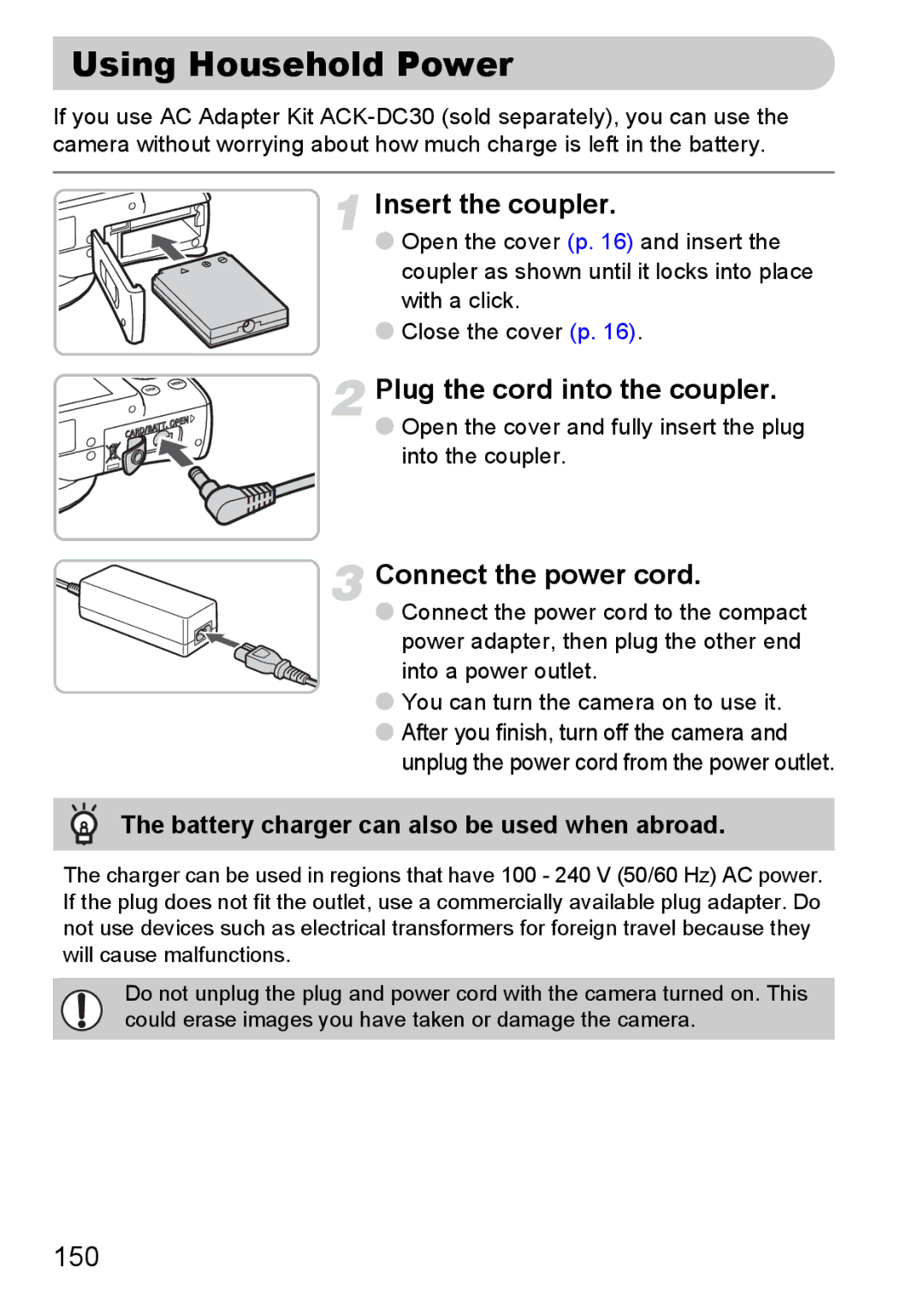 Canon SX200IS manual Using Household Power, Insert the coupler, Plug the cord into the coupler, Connect the power cord, 150 