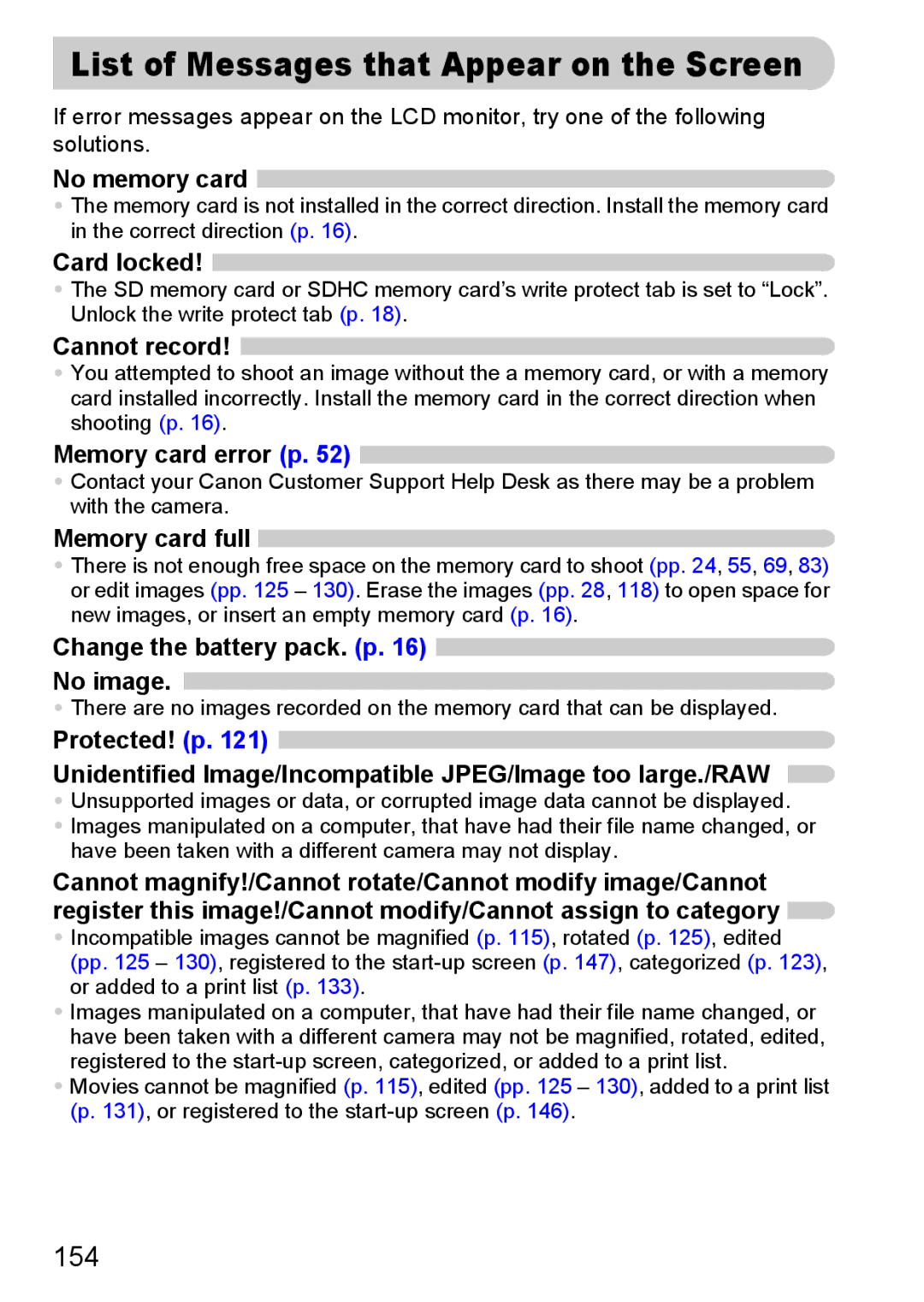 Canon SX200IS manual List of Messages that Appear on the Screen, 154 