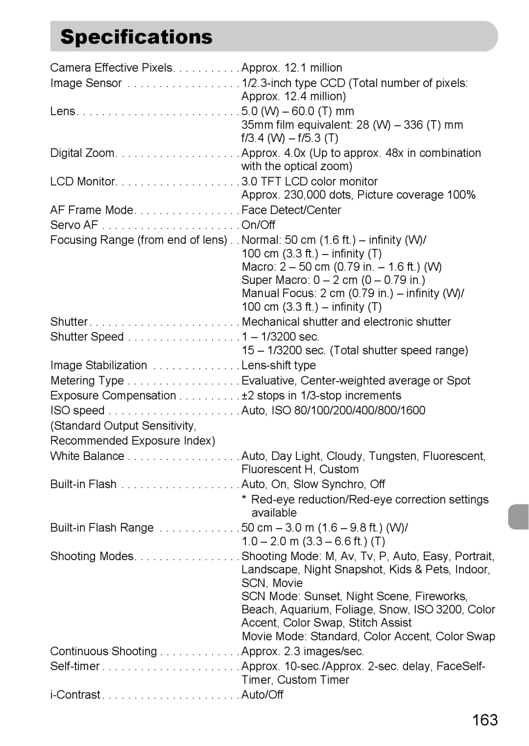 Canon SX200IS manual Specifications, 163 