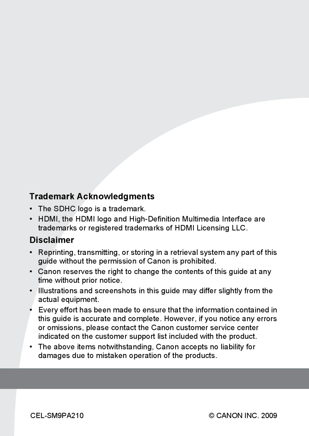 Canon SX200IS manual Trademark Acknowledgments, Disclaimer 