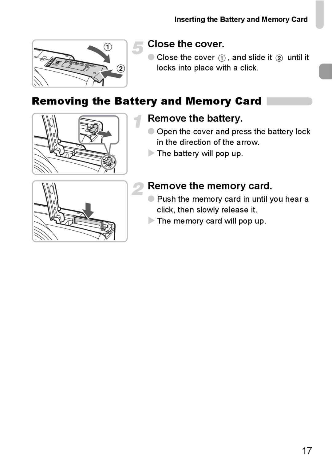 Canon SX200IS Removing the Battery and Memory Card, Close the cover, Remove the memory card, Locks into place with a click 