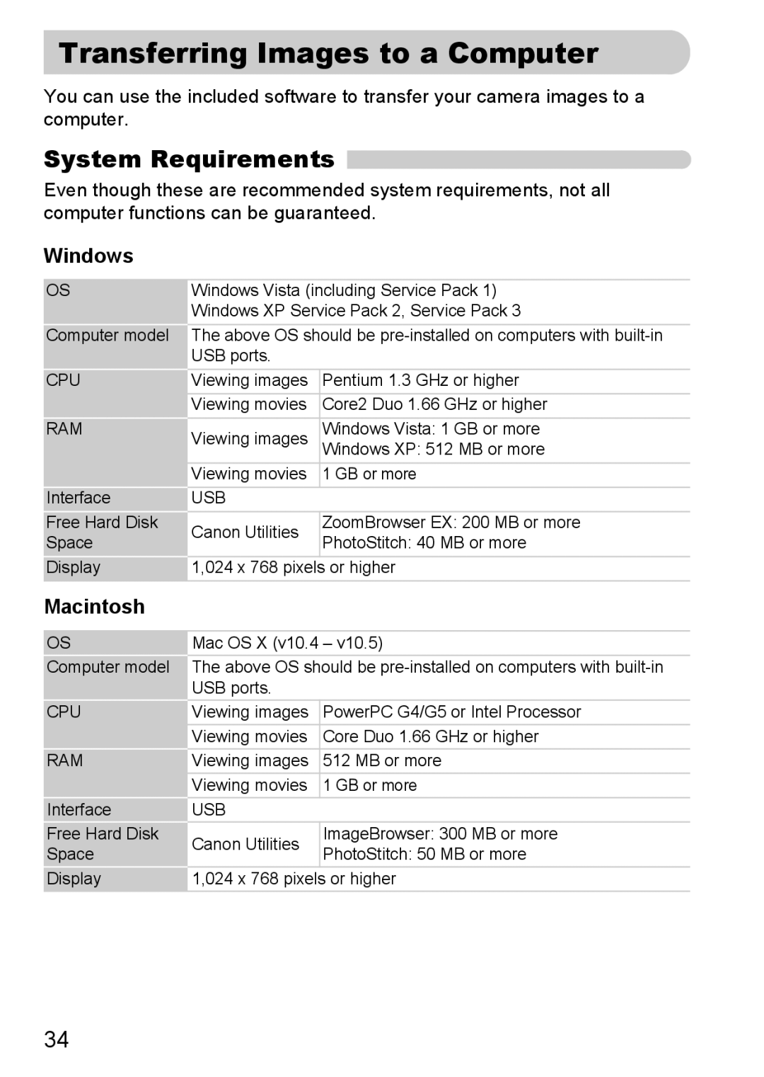 Canon SX200IS manual Transferring Images to a Computer, System Requirements, Windows, Macintosh 