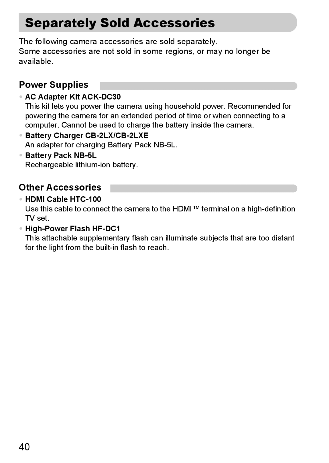 Canon SX200IS manual Separately Sold Accessories, Power Supplies, Other Accessories 