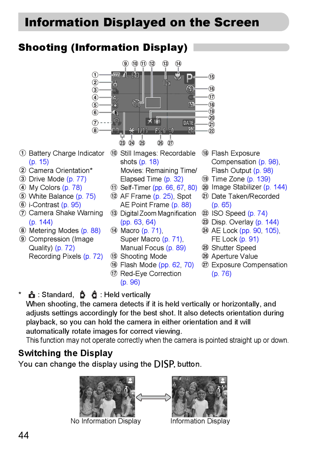 Canon SX200IS manual Information Displayed on the Screen, Shooting Information Display, Switching the Display 