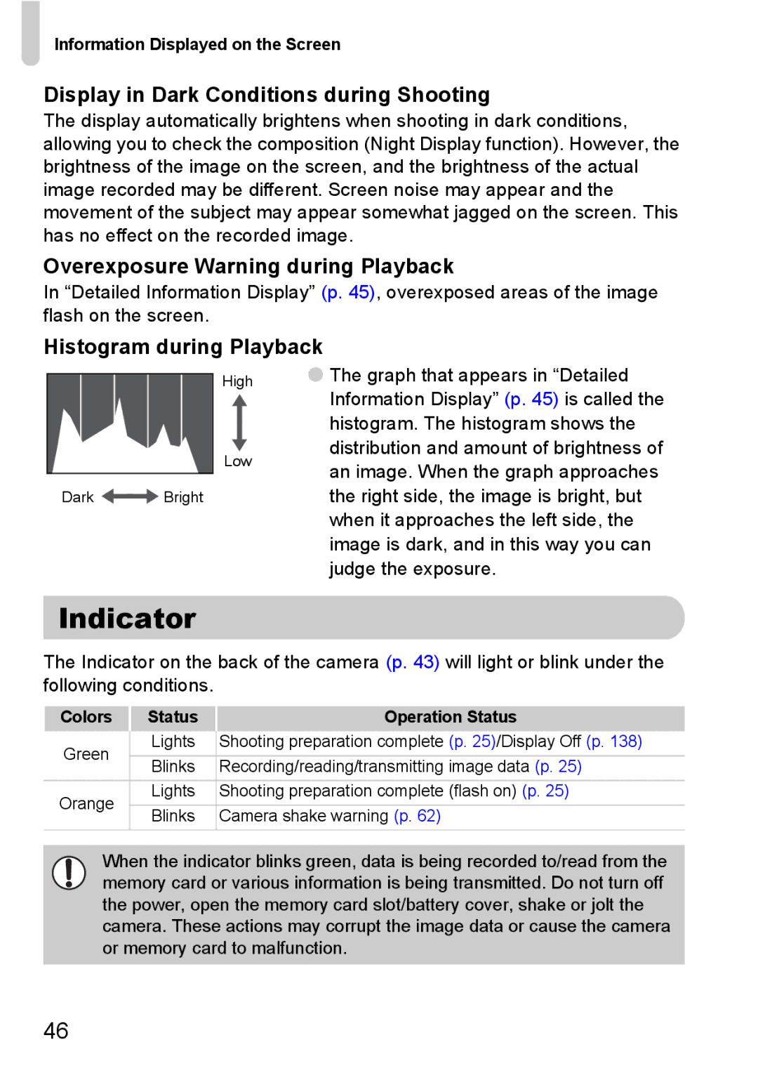 Canon SX200IS manual Indicator, Display in Dark Conditions during Shooting, Overexposure Warning during Playback 