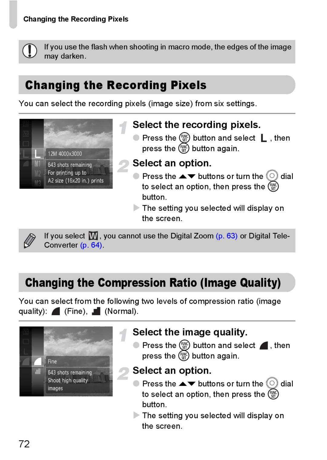 Canon SX200IS Changing the Recording Pixels, Changing the Compression Ratio Image Quality, Select the recording pixels 