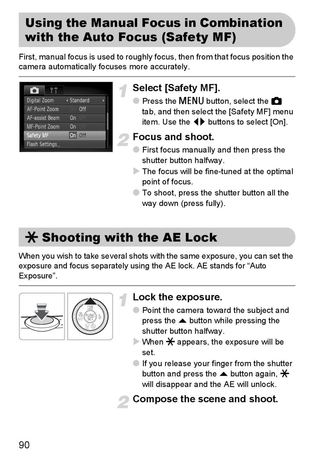 Canon SX200IS manual ¤ Shooting with the AE Lock, Select Safety MF, Lock the exposure, Press the n button, select 