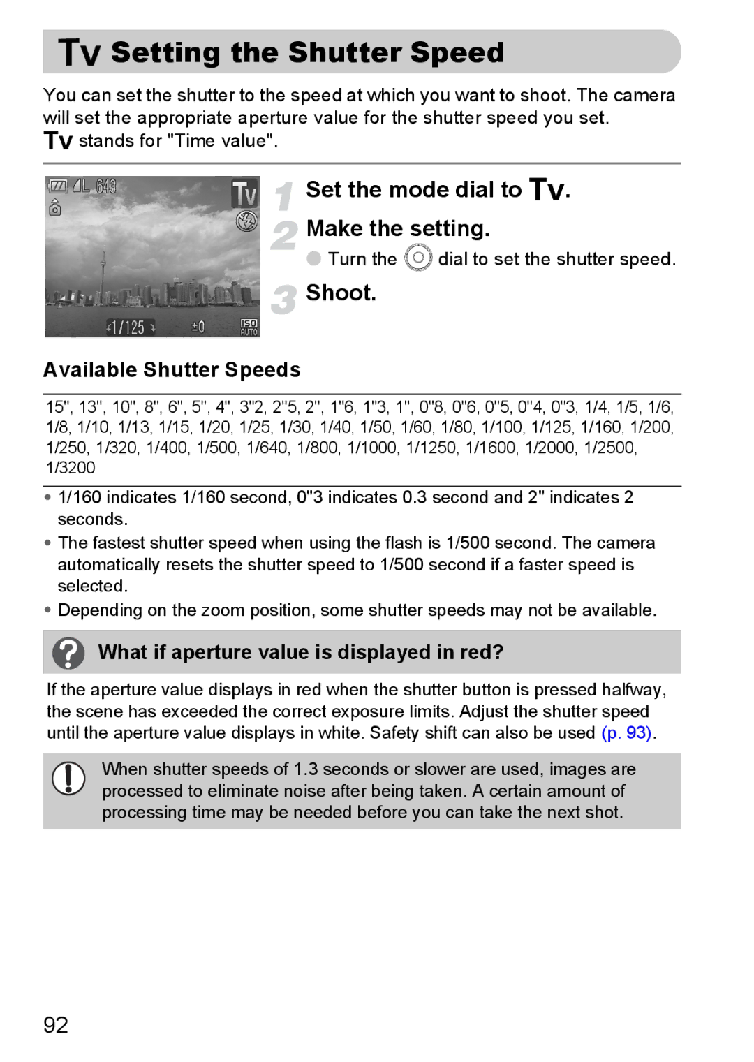 Canon SX200IS manual Setting the Shutter Speed, Set the mode dial to M Make the setting, Available Shutter Speeds 