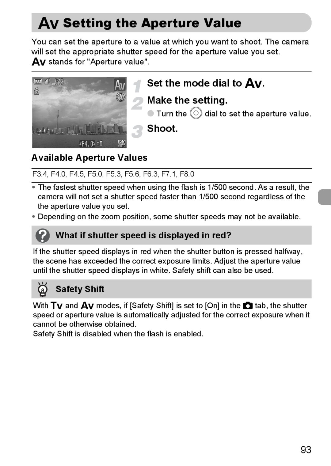 Canon SX200IS Setting the Aperture Value, Set the mode dial to B Make the setting, Available Aperture Values, Safety Shift 