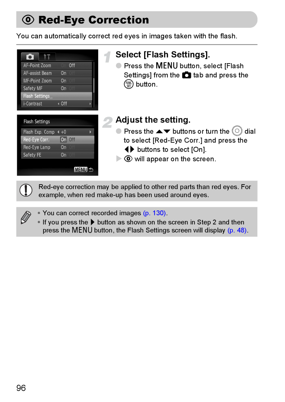 Canon SX200IS manual Red-Eye Correction, Select Flash Settings, Adjust the setting 