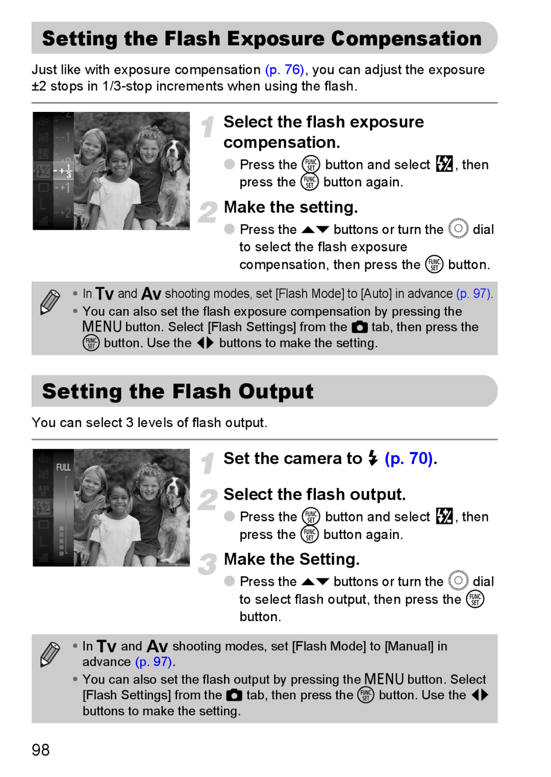 Canon SX200IS Setting the Flash Exposure Compensation, Setting the Flash Output, Select the flash exposure compensation 