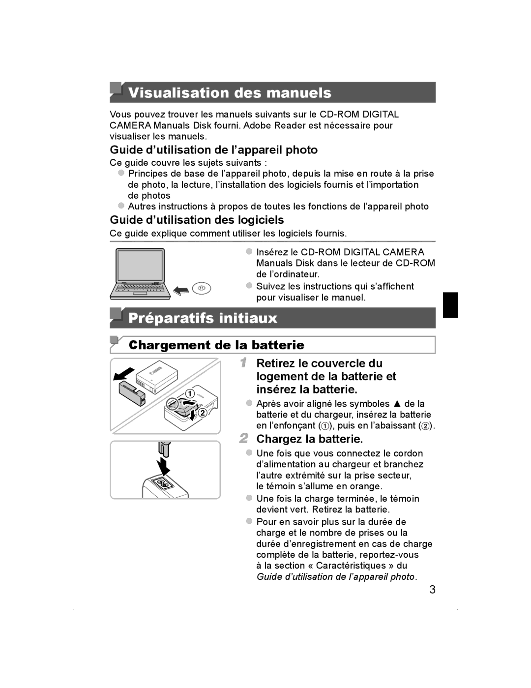 Canon PowerShot SX50 HS manual Visualisation des manuels, Préparatifs initiaux, Chargement de la batterie 