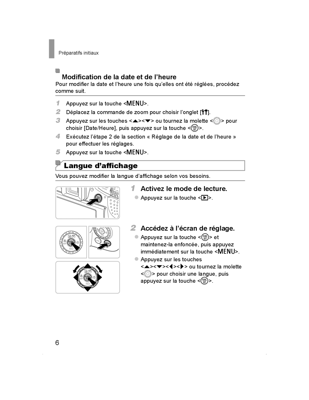 Canon PowerShot SX50 HS manual Langue d’afﬁchage, Modiﬁcation de la date et de l’heure, Activez le mode de lecture 