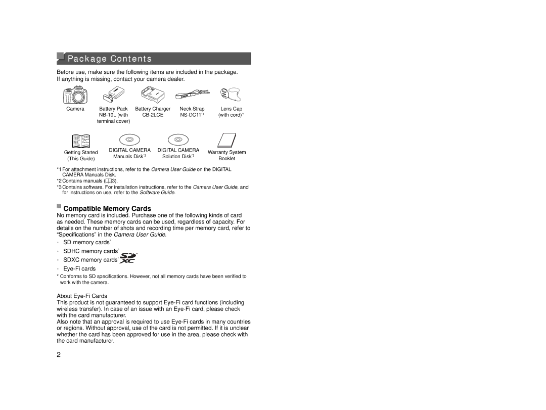 Canon PowerShot SX50 HS manual Package Contents 