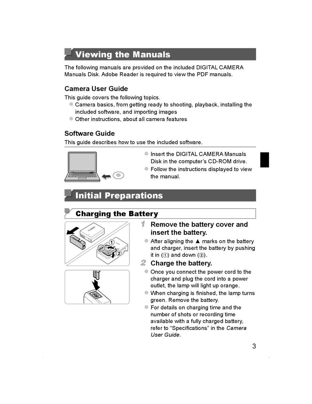 Canon PowerShot SX50 HS manual Viewing the Manuals, Initial Preparations, Charging the Battery 