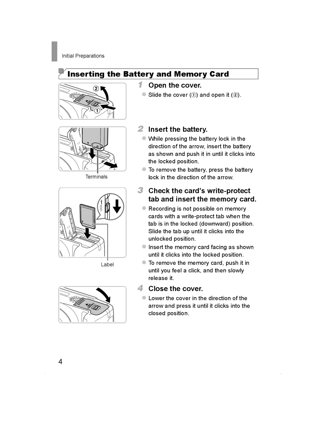 Canon SX50 HS manual Inserting the Battery and Memory Card, Open the cover, Close the cover, Initial Preparations 