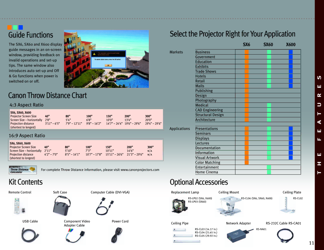 Canon SX6 manual Guide Functions, Canon Throw Distance Chart, Kit Contents, Optional Accessories 