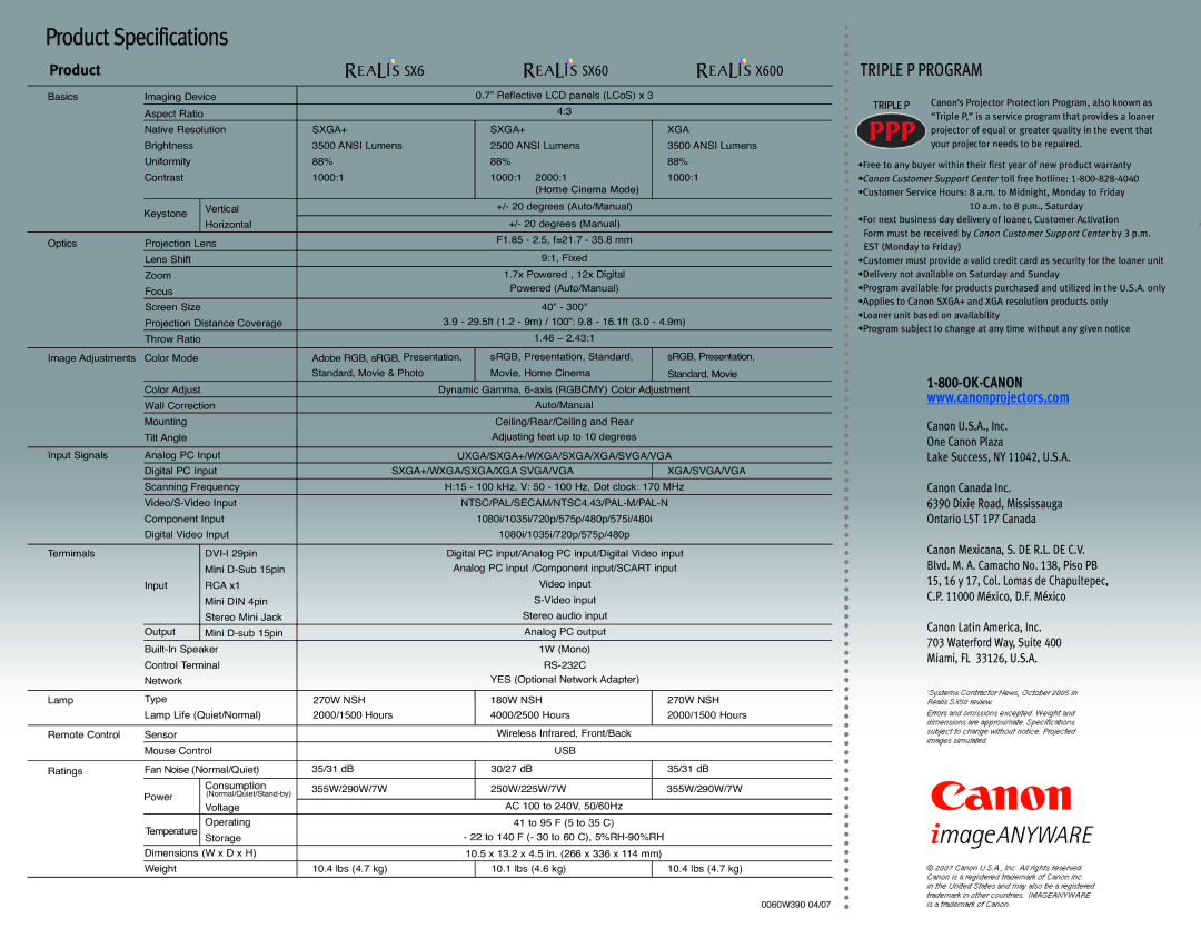 Canon SX6 manual Product Specifications 