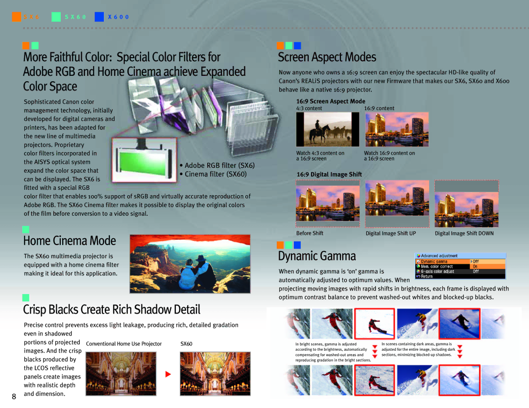 Canon SX6 manual Home Cinema Mode, Screen Aspect Modes, Dynamic Gamma 