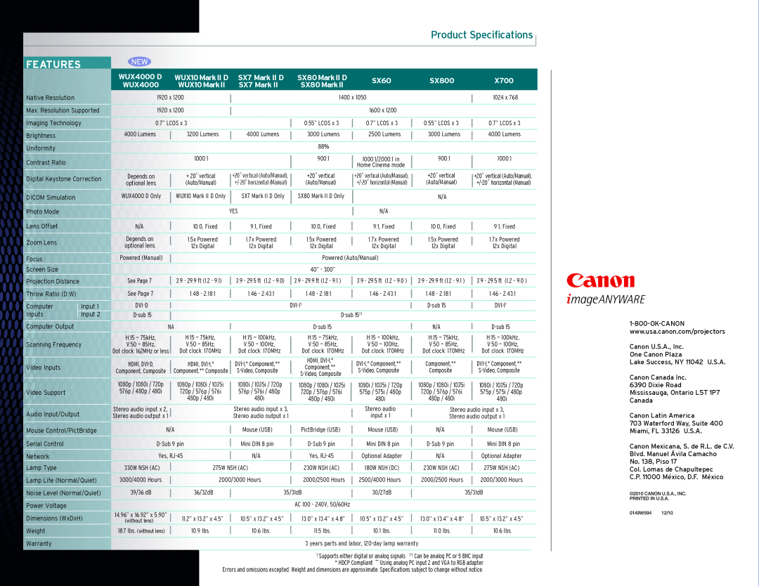 Canon manual Product Specifications, Features, WUX4000 D, SX7 Mark II D, SX80MarkII D, SX6O, SX800, X700, WUX10MarkII D 