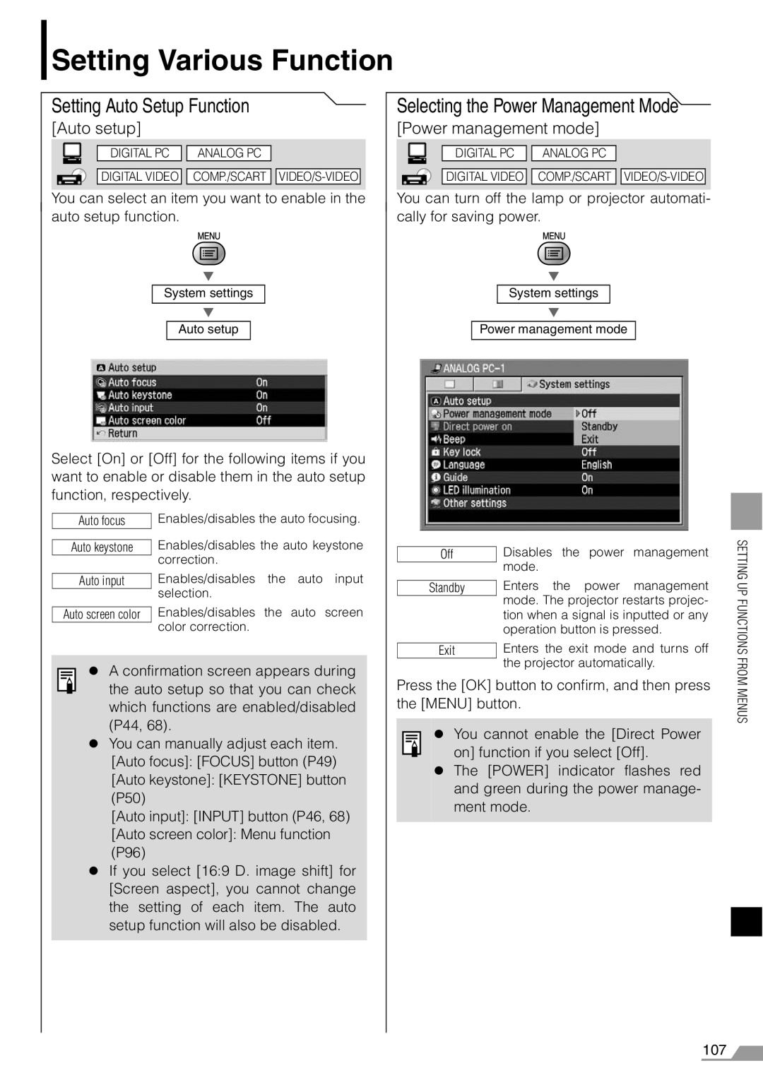 Canon X700, SX7 manual Setting Various Function, Setting Auto Setup Function, Selecting the Power Management, Auto setup 