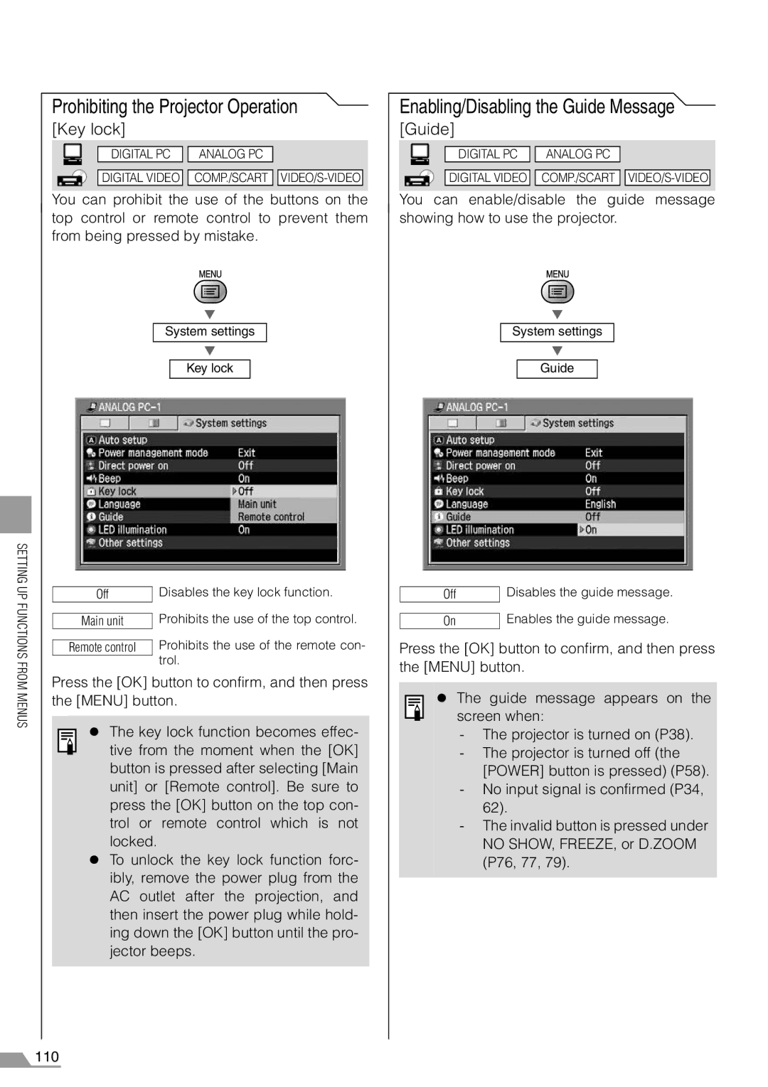 Canon SX7, X700 manual Prohibiting the Projector Operation, Enabling/Disabling the Guide Message, Key lock 